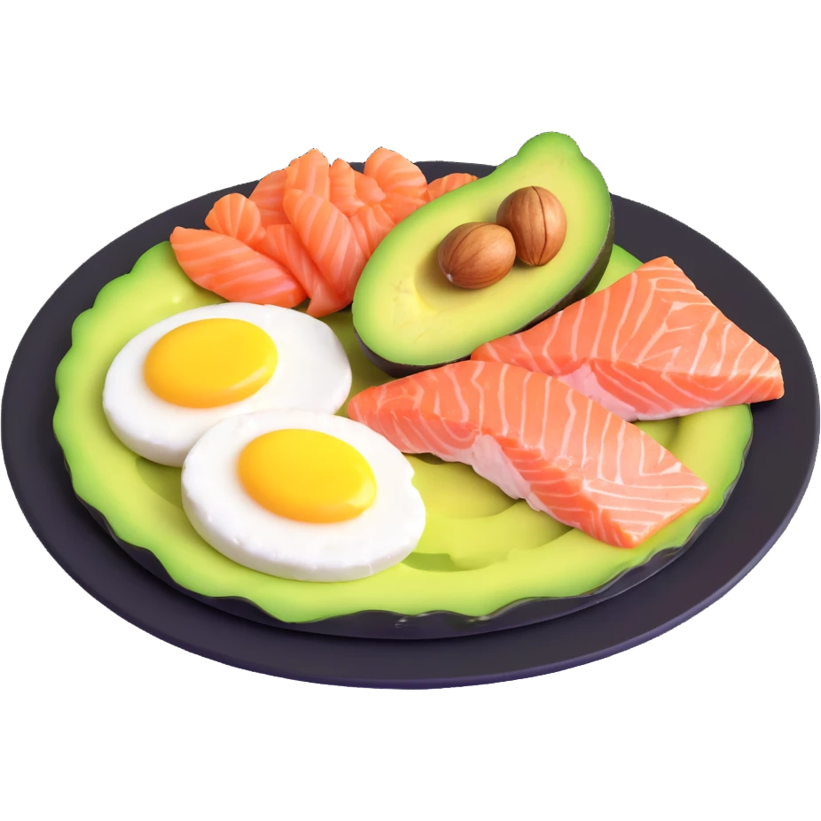 plate with typical keto foods: avocado, eggs, salmon, and nuts emoji
