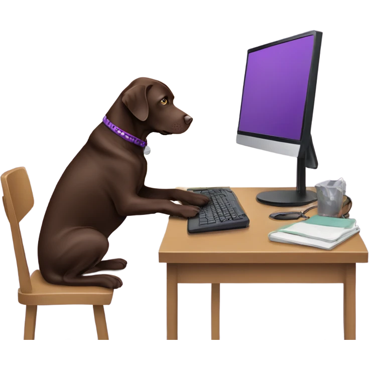 Chocolate lab working on computer with small headset , food on desk, wearing purple sweater  emoji