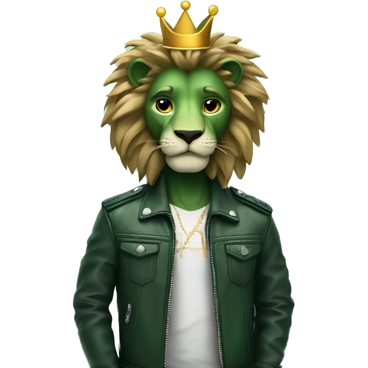 green skin and hair lion in cool leather jacket with a crown emoji