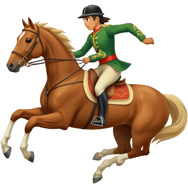 An icon showcasing a blue sky, distant mountains and a vibrant landscape. a majestic horse and rider in full gallop across a lush green field. The rider wears traditional gear, while the horse leaps with grace and power.  emoji