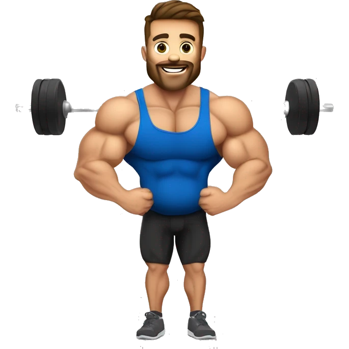 Pregnant handsome muscular young male bodybuilder with big and round hairy baby bump doing shoulder press with weighted barbells emoji