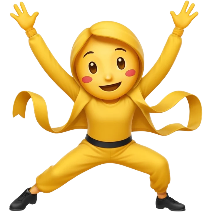 An expressive emoji-style character dancing with lively motion, dynamic pose, joyful energy, and bright, vibrant colors. emoji
