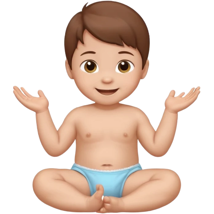 A smiling baby with brown hair, sitting, moving its arms and hands. emoji