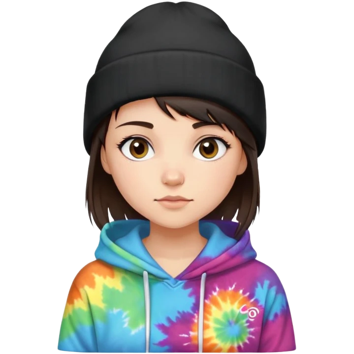 shaved haired brunette girl with a black beanie on and a tiedye hoodie. please make her hair even shorter but a side bang sticking out of her beanie emoji