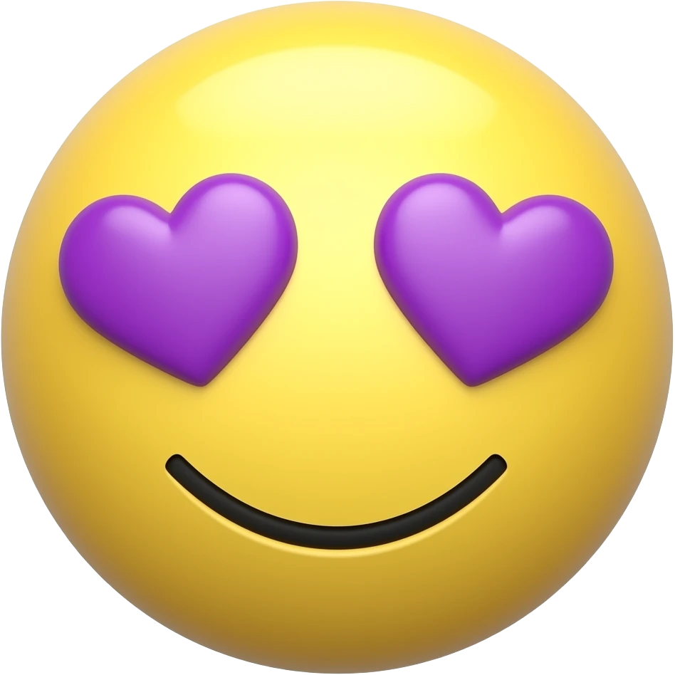 3D Classic  Yellow Round Emoji face with Purple Heart Shaped eyes smiling no nose emoji