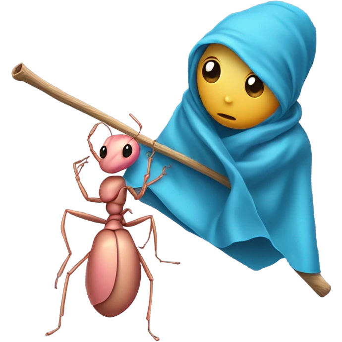 Sad looking Pink tan colored Ant carrying a cerulean cloth sack bag attached to a stick  emoji