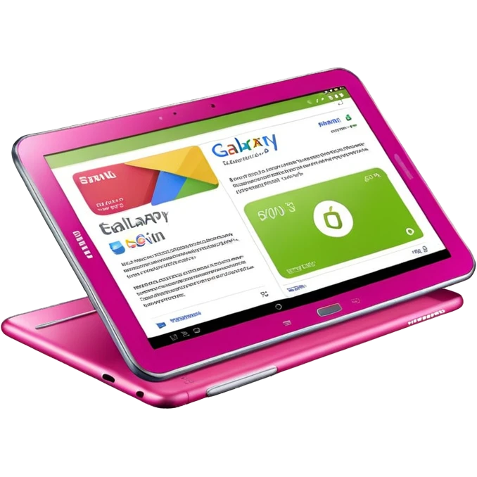 Hyperrealistic ultra detailed 3D rendering and isolated, 8K HD, Must be visual appealing, not blurry, no emoji icons, no emoji faces. A hot pink, white and lime green Samsung galaxy tablet with the screen lit up clearly email icon and Google play store symbol. Must be 8k, DPI 300, Clean design. emoji