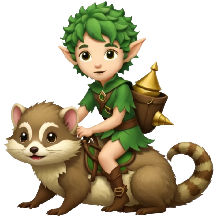 tiny forest elf with messy curls riding ferret emoji