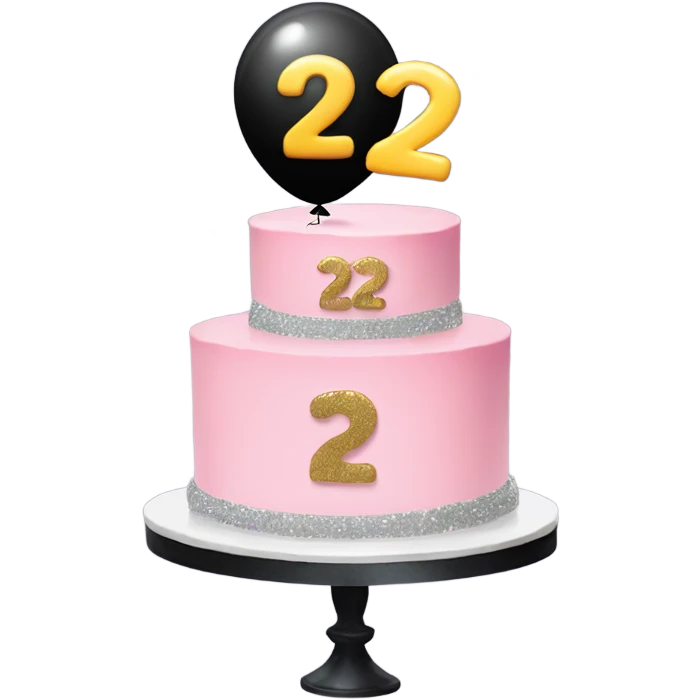 Black pastel with glitter, with the number 22 as a silver balloon and balloons behind the cake emoji