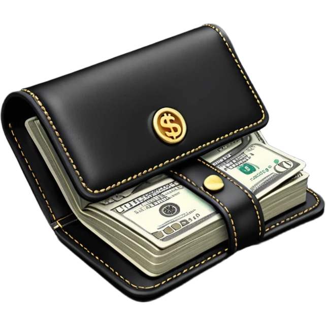 Rich emoji style black leather wallet with dollar bills, luxury money vibe, premium 3D emoji, ultra clean, high detail, no background
 emoji