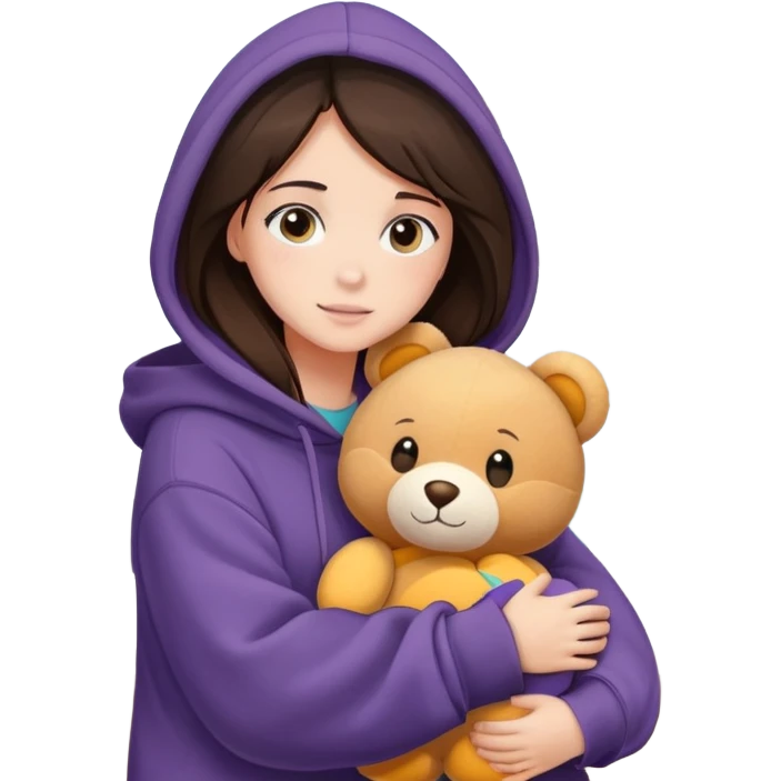 brunette girl in oversized hoodie, hugging a plush toy by the window emoji
