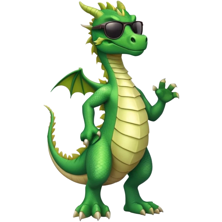 friendly anthropomorphised green dragon in a sports t-shirt and jeans wearing dark sunglasses walking upright emoji