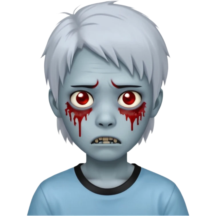 Create a 3D emoji-style avatar with very pale blue-grey zombie skin like the reference image, a young Asian face, and large eyes with blood tears. Give it white mullet-style hair, silver hoop earrings, and a simple black T-shirt. The expression should be neutral or slightly angry emoji