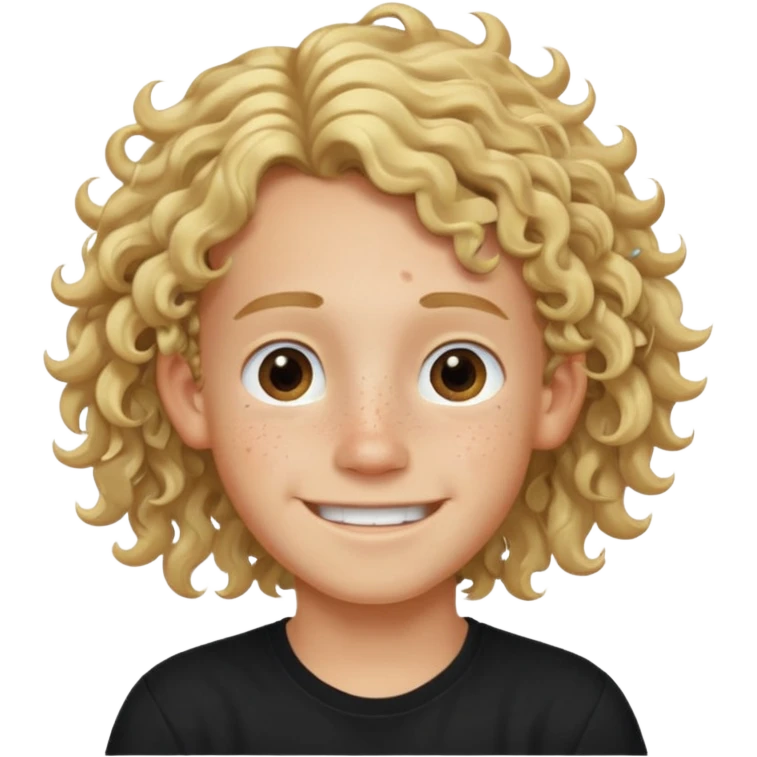 blonde boy with long curly hair past his ears, smiling, wearing a black shirt with freckles emoji