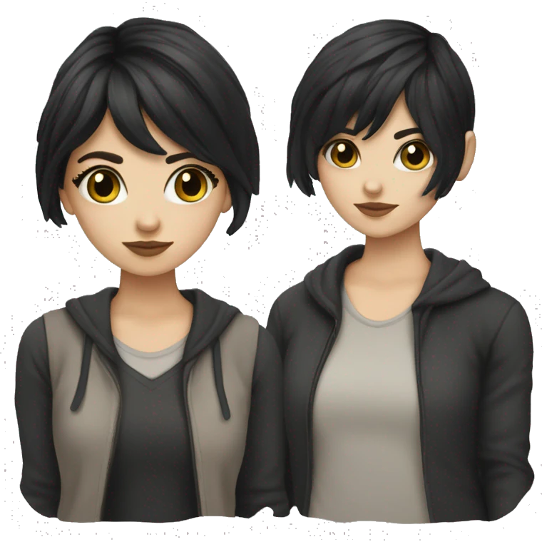 white girl with black hair with bangs and dark colore te emoji