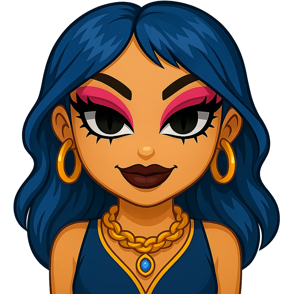 Make her eyes much scarier while keeping a nice and cute look, gyaru style, blue hair, pretty makeup, bratz baddie vibe, emoji style, with no background. emoji