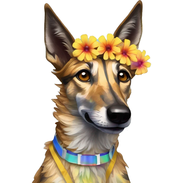  brindle brown black maroon striped lurcher Alsatian fox running blue eyes and iridescent holographic oilslick harness wearing paper iridescent tropical flower crown yellow caution tape emoji