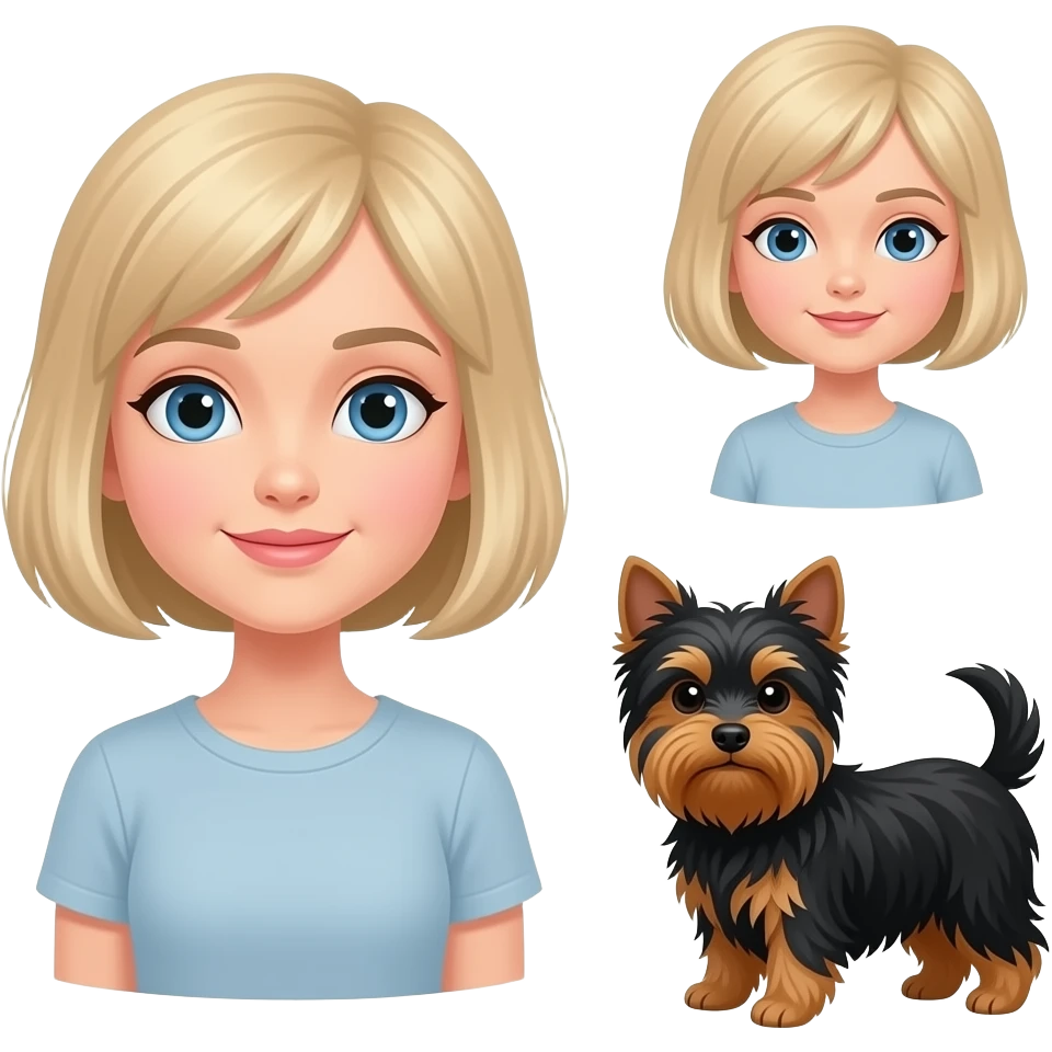 dark blonde woman with bob haircut with little Yorkshire full black without any brown brown and long hair in the eye and little blond girl with pixie cut emoji