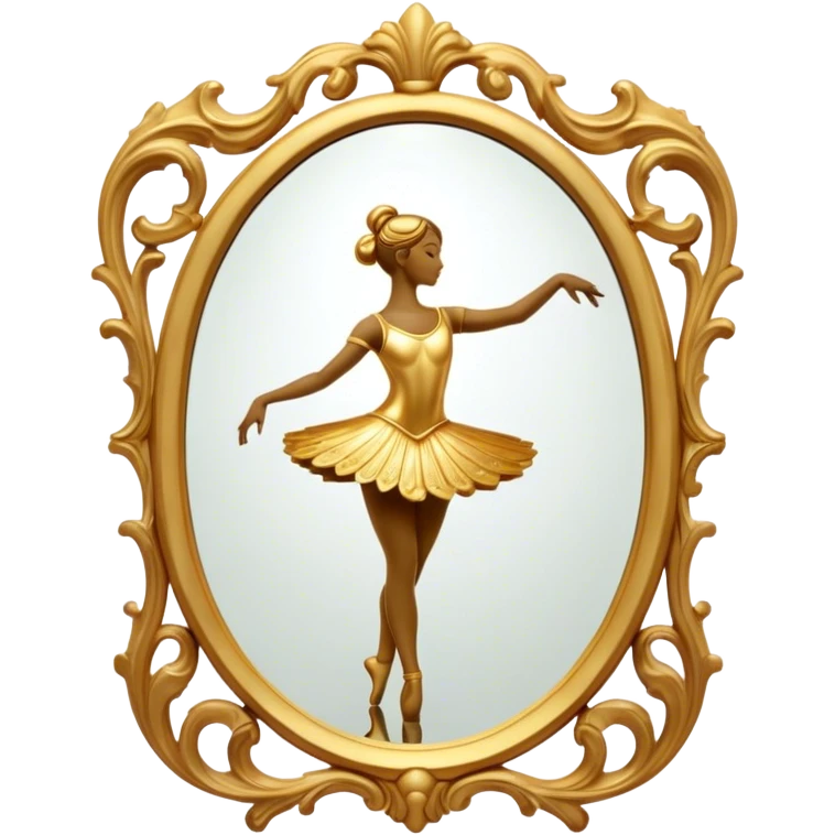 Cinematic Realistic Mirror, a large, ornate mirror reflecting a dancer’s poised silhouette, soft golden light creating depth, slight smudges on the glass adding realism, glowing with a timeless and artistic presence. emoji