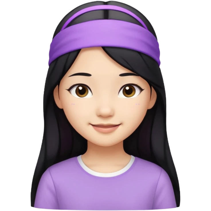 Asian girl with long black hair, lilac headband, white shirt, smiling face emoji