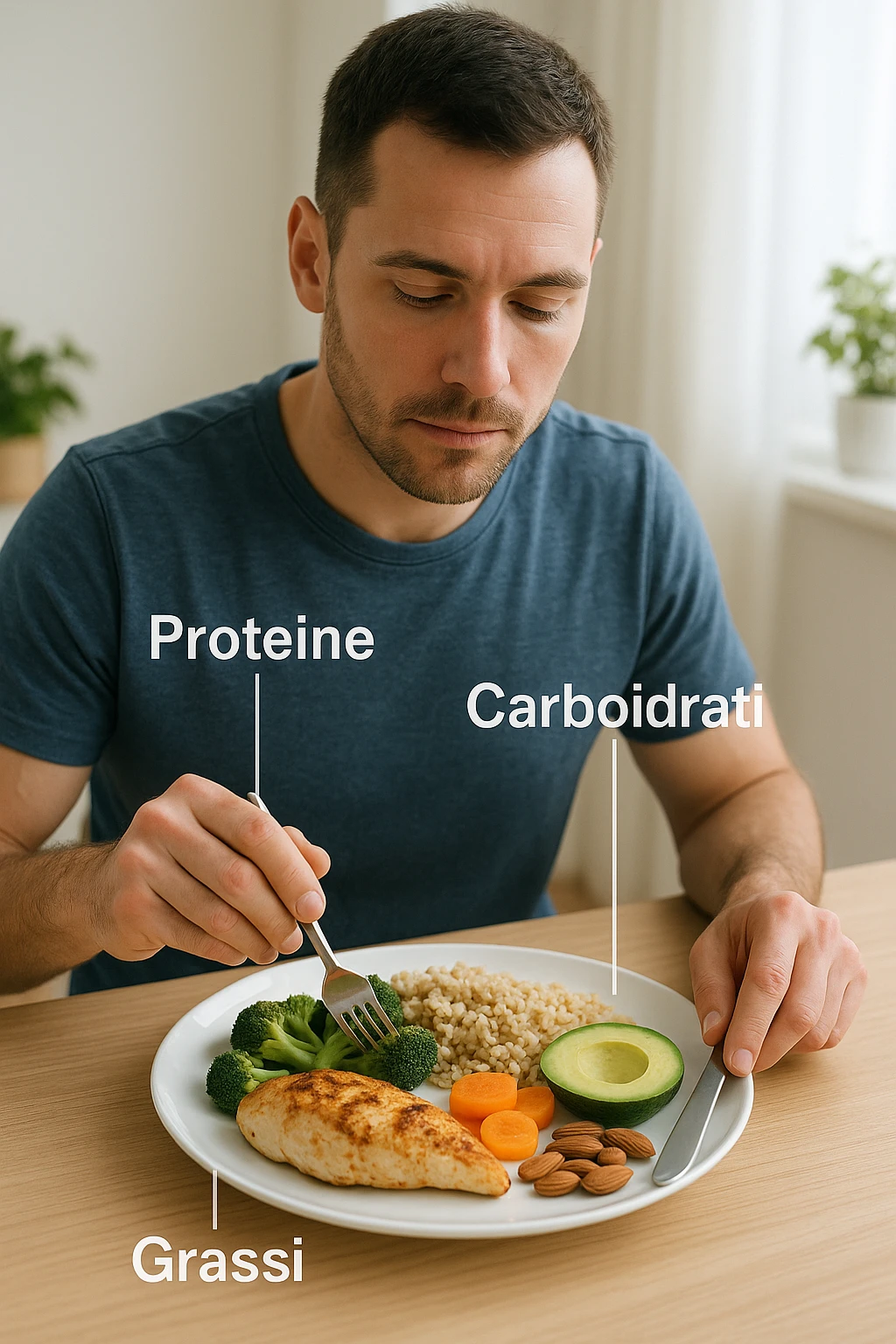 uomo che fa alimentazione attraverso i giusti macronutrienti. Scritte in ITALIANO immagine 4k realistica emoji