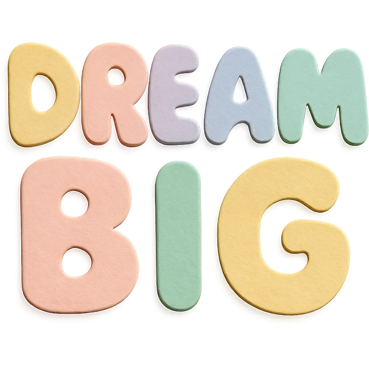 "Dream Big" text in soft pastel rainbow colors, chubby kawaii style lettering, no outline, transparent background, paper craft style emoji