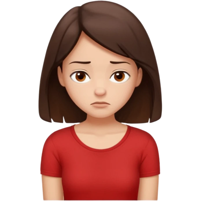 "Cartoon emoji of a young brunette woman with fair-medium skin, brown eyes, wearing a simple red top. Portrait mode, slouched, looking down, overthinking and insecure. Small frown, worried eyes. Smooth, friendly, stylized, Mary Jane–like appearance." emoji