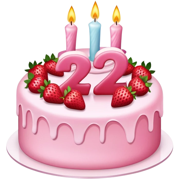 Pink cake with strawberries and 27 on it and candles emoji