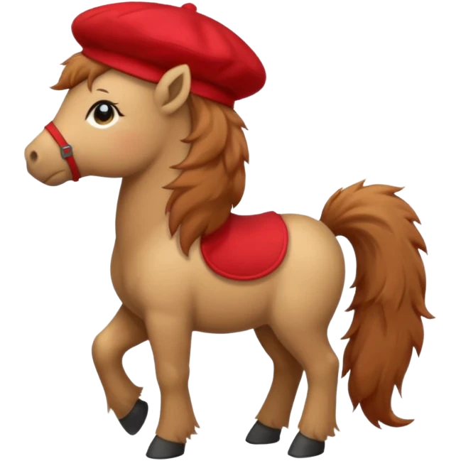 A cute pony (horse) emoji, full body, standing in side view, wearing a stylish red beret. emoji
