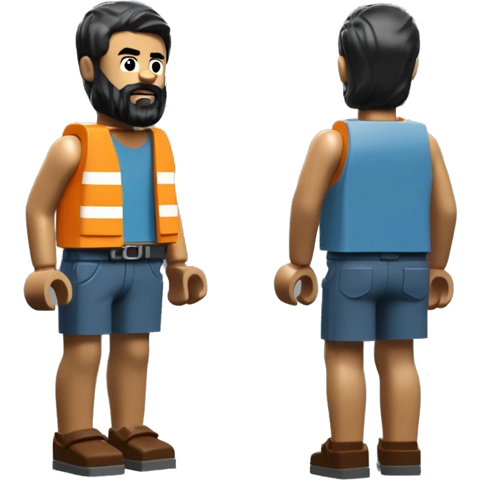 Lego builder in shorts with black short hair and a beard hair needs to be short and wearing builders clothes emoji