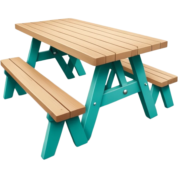 rectangular picnic table with benches, white tips on table and bench ends, straight vertical legs, soft teal color, small wheels, flat wood-style silhouette, clean geometry, minimal shading emoji