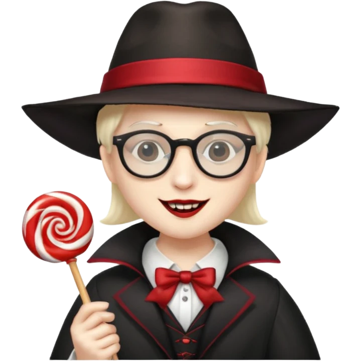Vampire with lollipop, hat and glasses emoji