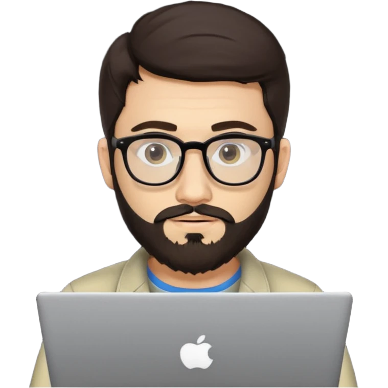 23 year old Azerbaijani man with very dark brown hair and beard with glasses and laptop , light yellow skin face emoji