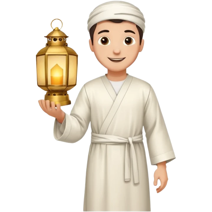 Young man with a happy smile, wearing a traditional white thobe and holding a lantern. emoji