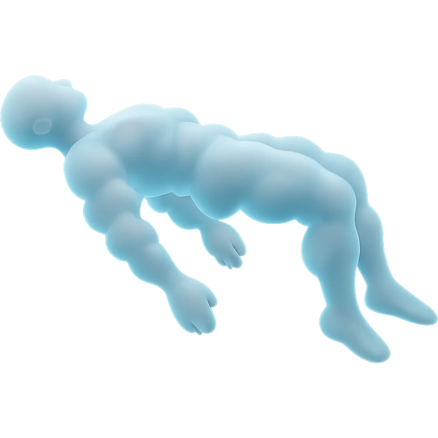 side view of unconscious person flying torso up, legs and arms down, made of small very bright white fluffy convex clouds with light blue glow, matte glass style emoji