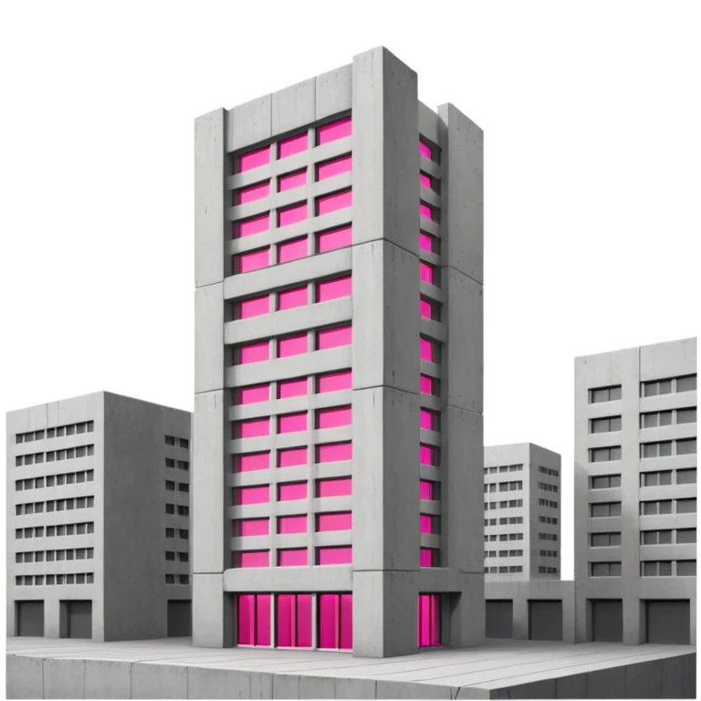 Tall gray brutalist concrete tower with one bright pink window among many regular gray windows emoji