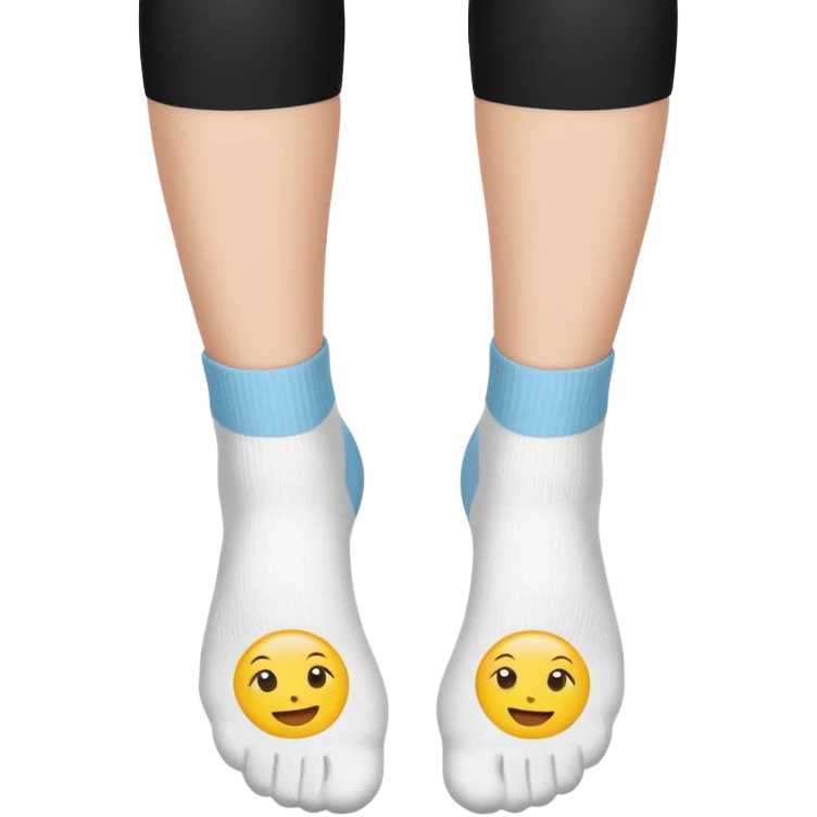 white crew socks on woman's feet, soles facing viewer from underneath, emoji style emoji