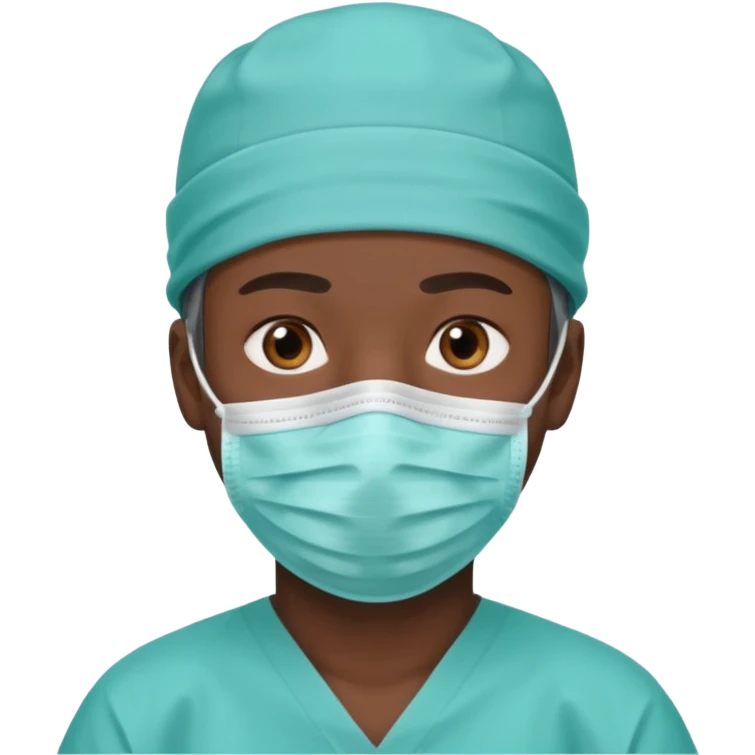 A dark-skinned man with brown eyes, wearing a teal surgical cap and face mask. emoji