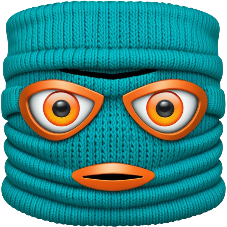 teal and orange ski mask with evil eyes emoji