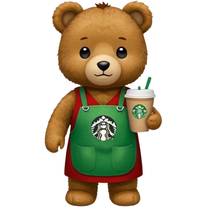 teddy bear wearing green apron with one cup of starbucks coffee emoji