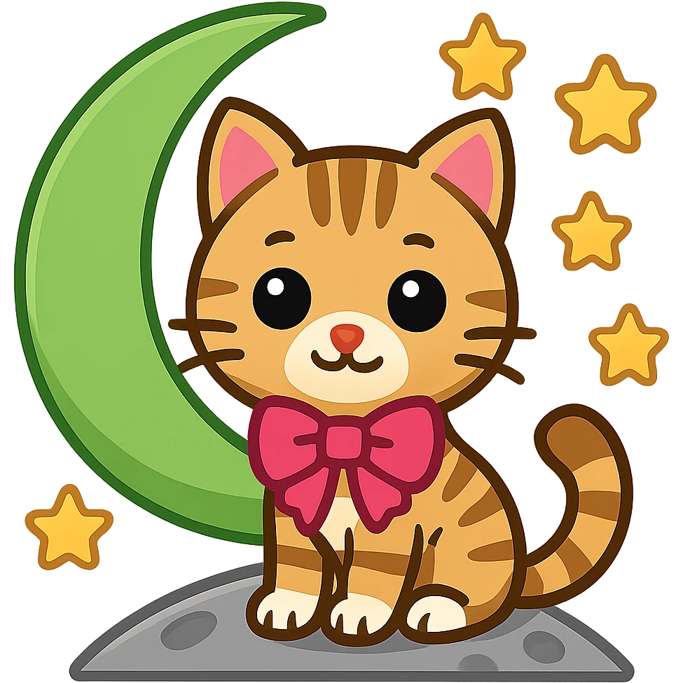 Change the moon to green, keep the tabby cat with pink bow, in emoji style with no background. emoji