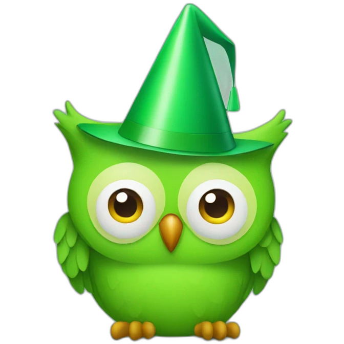 an green owl with a party hat emoji
