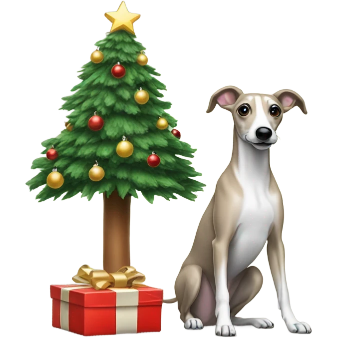 Christmas tree with a whippet sat by it emoji