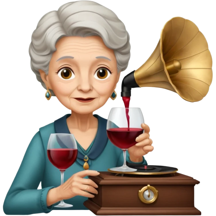 old lady with wineglass listening to gramophone emoji