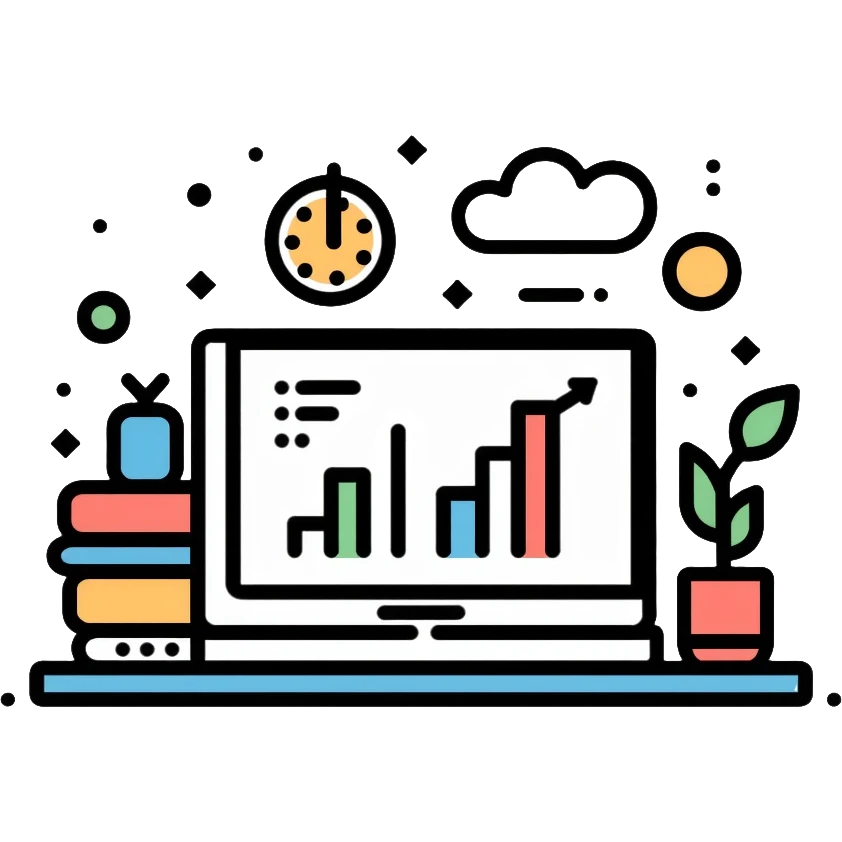 academic research with books, laptop and data charts emoji