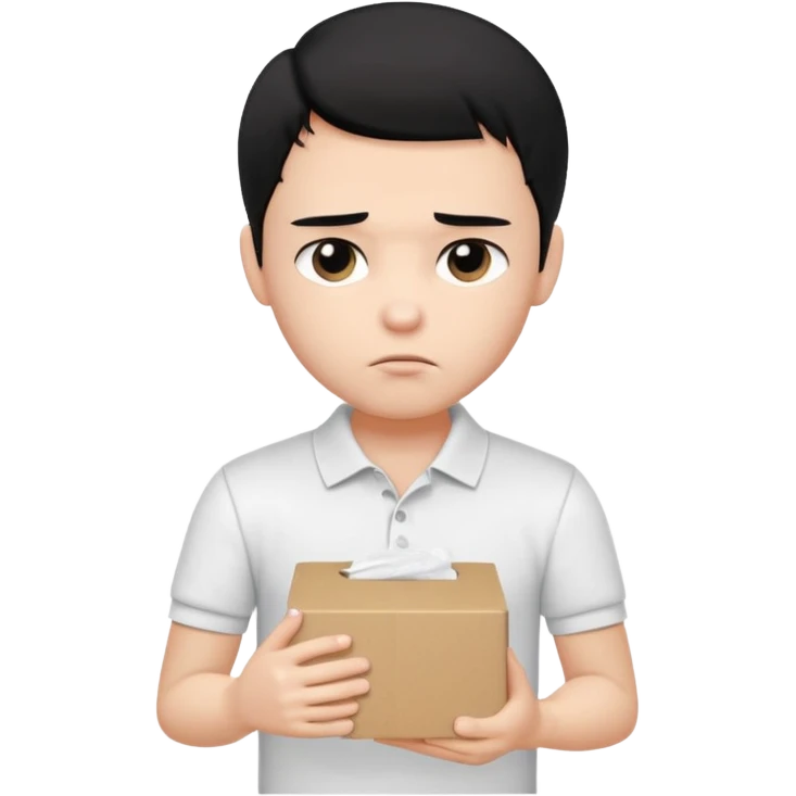 generate a pretty bratz boy with black hair, wearing a plain white polo shirt. Looking sad, holding a box of tissues in his right hand emoji