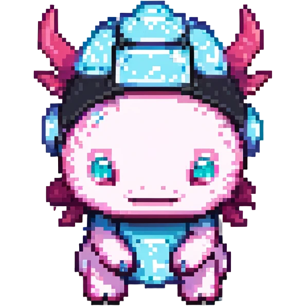 Minecraft axolotl wearing a diamond helmet, pixelated, cute and adventurous look emoji