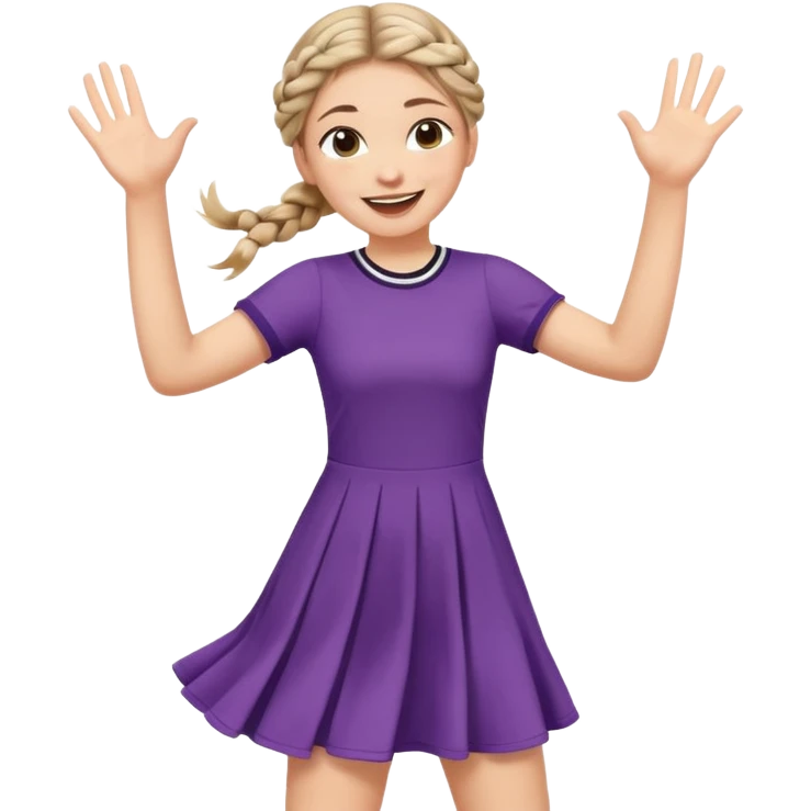 A braid hair girl in a jersey dress, waving both arms in pure joy jumping emoji