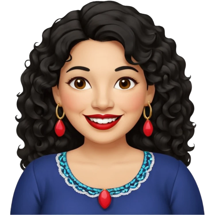 40 yr old Mexican woman, slightly chubby, wavy/curly long black hair, red lipstick, big smile, white teeth, brown eyes, hoop earings, side part to hair, round face, nice blouse, no wrinkle hair side swept, big hoop earing emoji