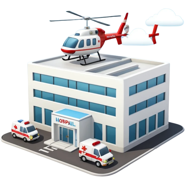 3d hospital outside, with text hospital, ambulance, helicopter , no background emoji